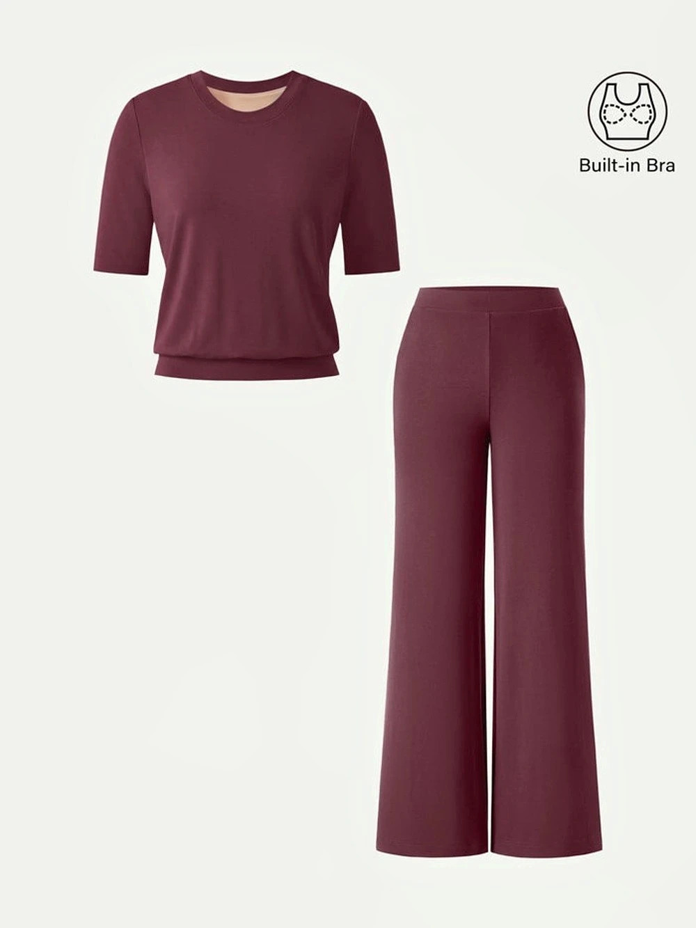 OGL Move 2Pcs Set Crewneck Bra Top & Wide Leg Pants Burgundy- Sz Small